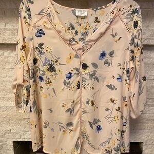 Sienna Sky Floral Blouse - Light Pink With Blue Flowers. Size S